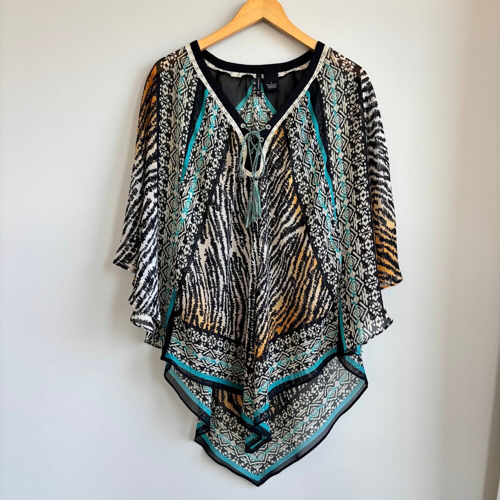 2010s Sheer Chiffon Poncho Top Large Flowy Patchwork Boho Print Coastal Grandma